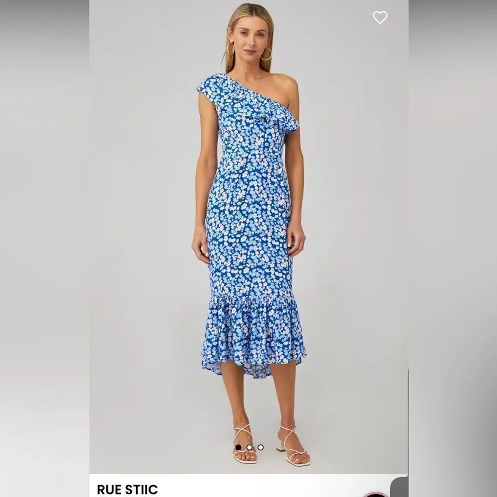 Rue Stiic Women's Westcott One Shoulder Blue Floral Midi Dress Size XS